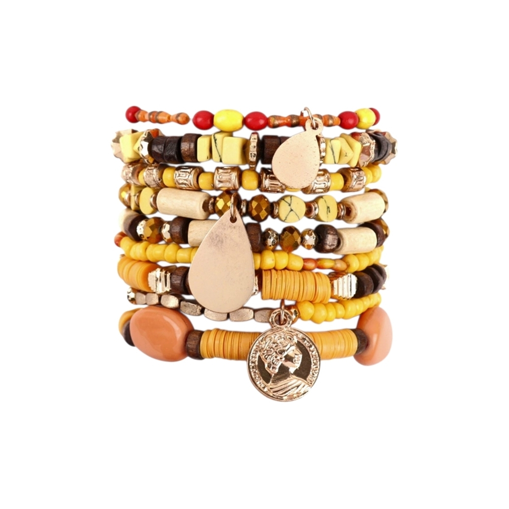 Avec 9 Piece Beaded Stretch Bracelet Set Golden Yellow Brown Wood Multi